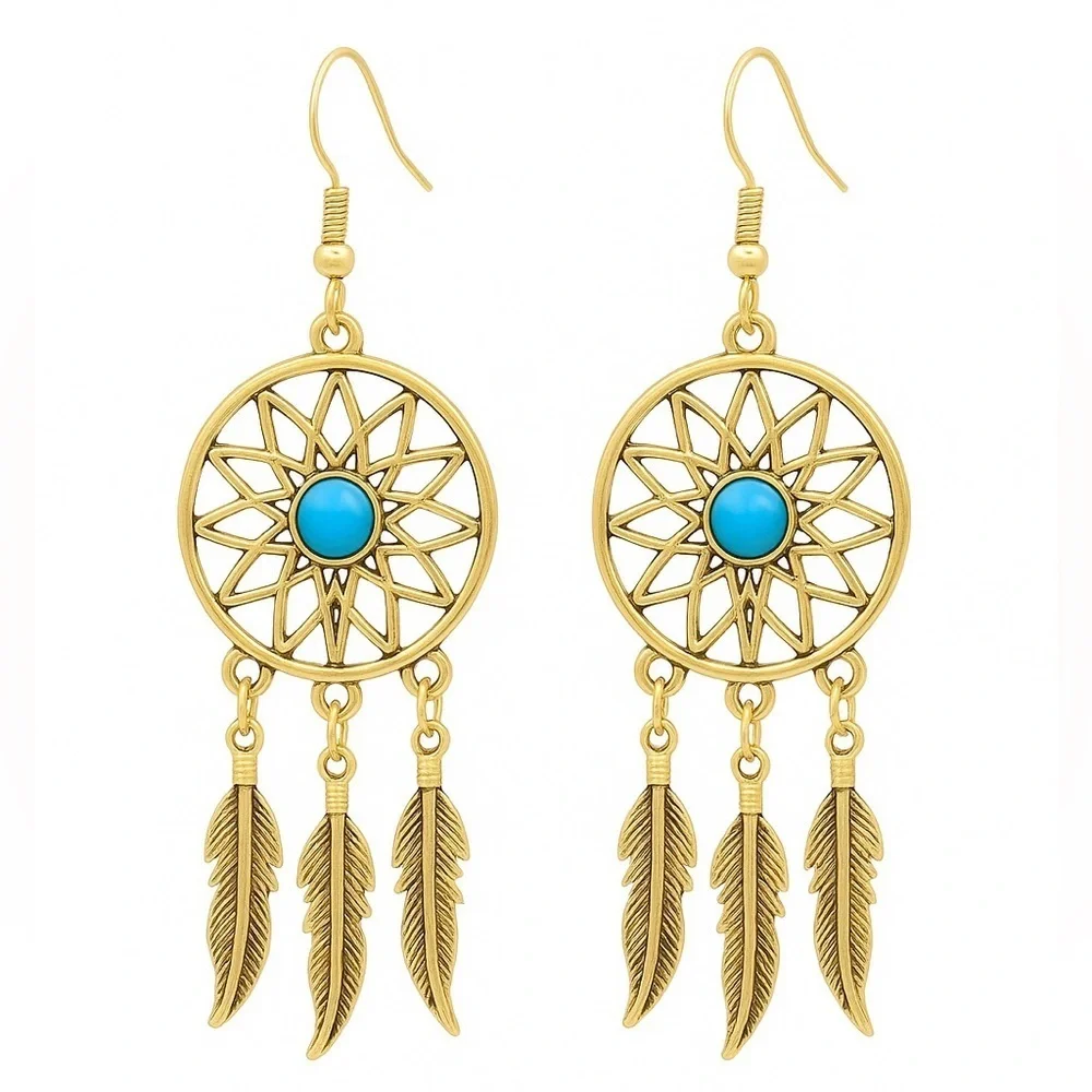 ⚜️ Western Style Gold Dreamcatcher Earrings with Turquoise
